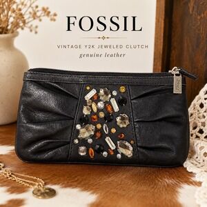 Y2K Jeweled Lambskin Leather Clutch Evening Bag Vintage Fossil Fifty-Four